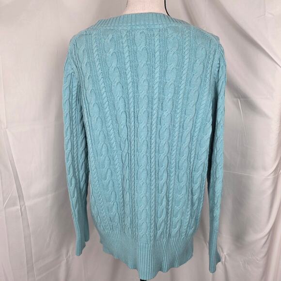 JCP Womens 1X Aqua Blue Cable Knit V-Neck Pullover Sweater Long Sleeve Soft Knit - Picture 5 of 9